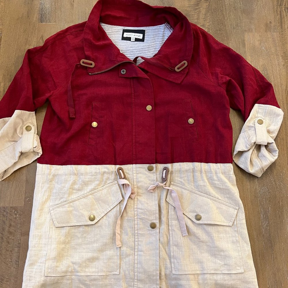 moon river - tan and red linen cargo jacket - size M